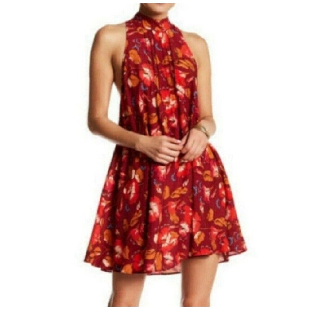 Free People Intimately Mini Dress Beaux Mock Neck Raspberry Red Floral Cutout XS